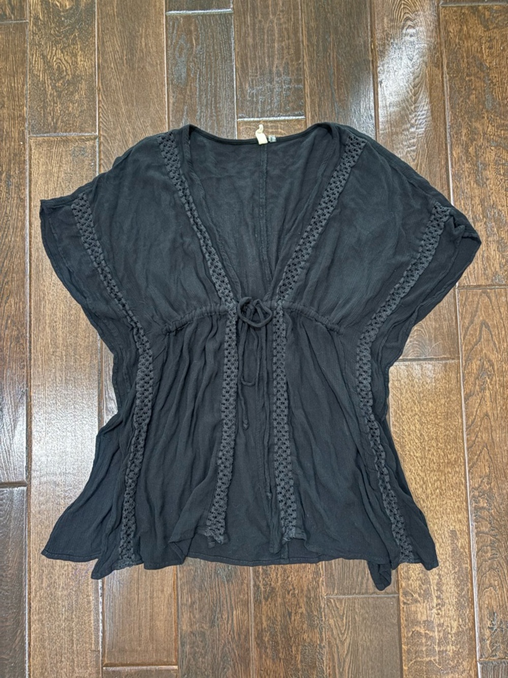 Elan Swim Cover Up Kimono Black Medium Crochet Tie Cinch Boho Resort wear OS